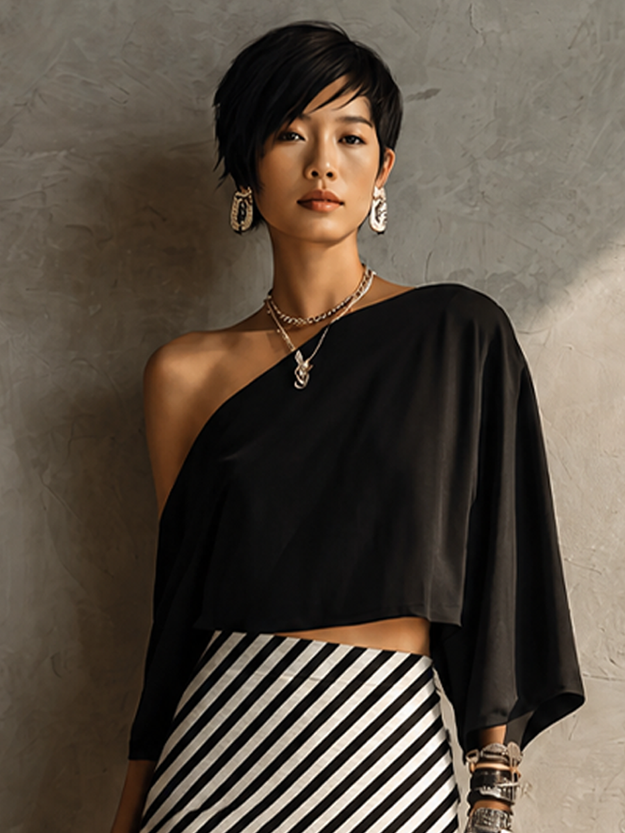 Women's Modern Elegant Black White Knit Cotton Blend One-Shoulder Striped Maxi Skirt Set MDZ2985G7GMJ