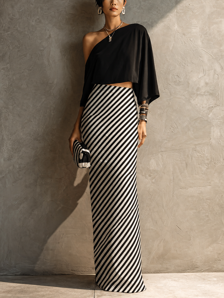 Women's Modern Elegant Black White Knit Cotton Blend One-Shoulder Striped Maxi Skirt Set MDZ2985G7GMJ