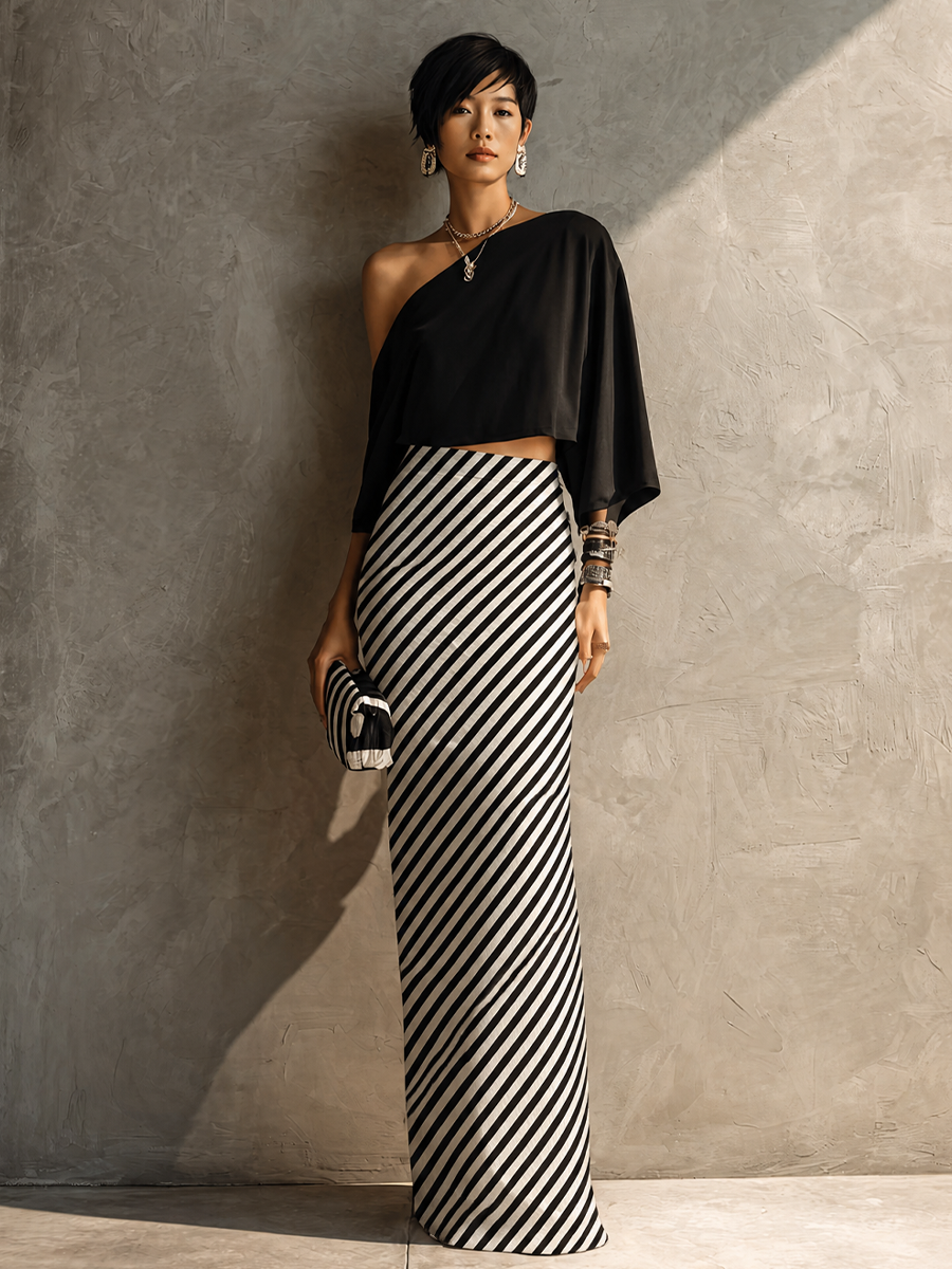 Women's Modern Elegant Black White Knit Cotton Blend One-Shoulder Striped Maxi Skirt Set MDZ2985G7GMJ
