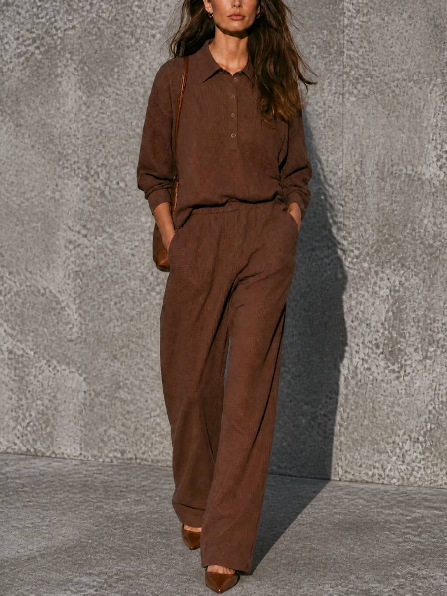 Women's Casual Brown Waffle Knit Cotton Blend Button-Front Wide-Leg Pants Set MDZ2924G1GMJ