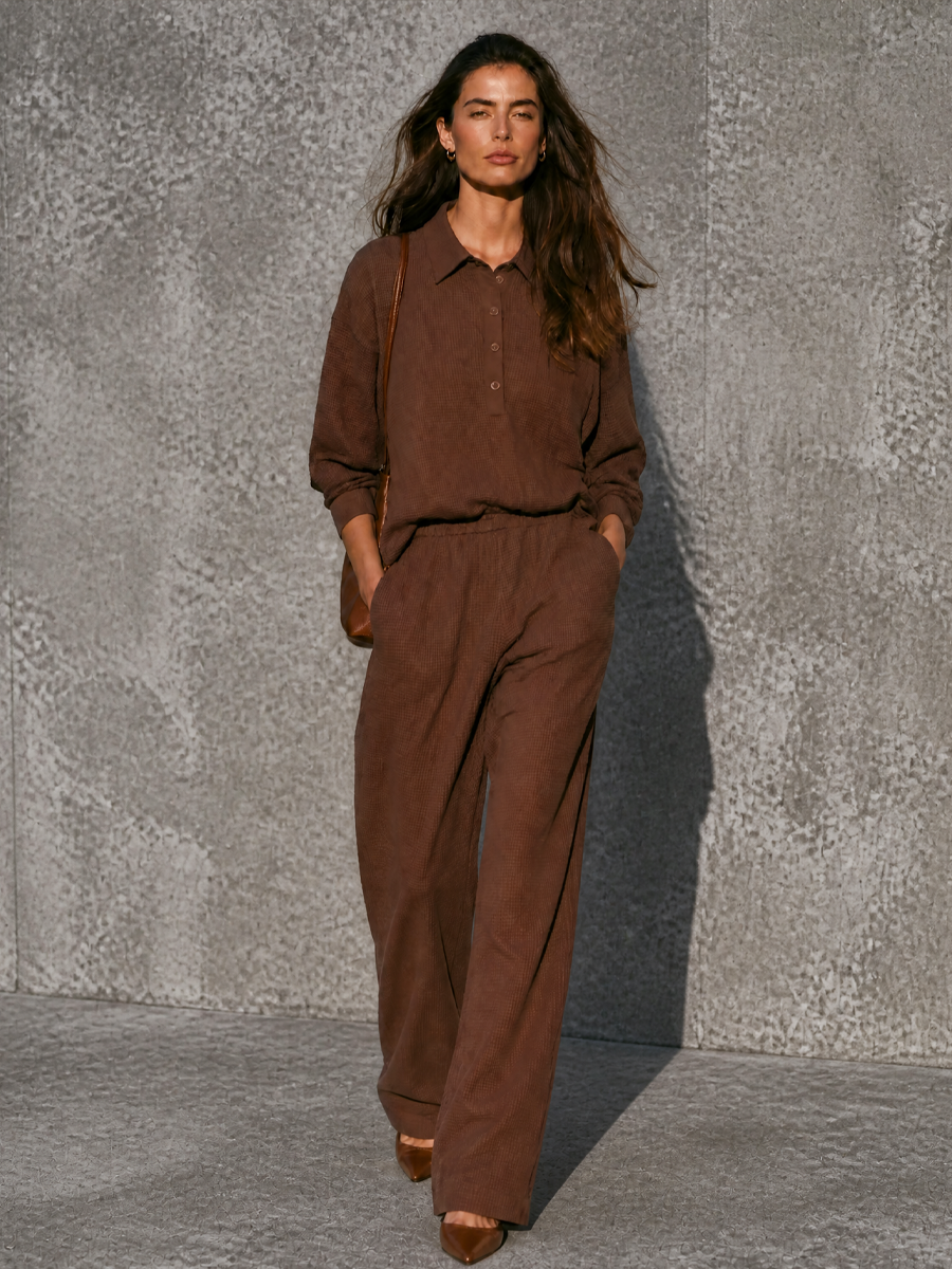 Women's Casual Brown Waffle Knit Cotton Blend Button-Front Wide-Leg Pants Set MDZ2924G1GMJ