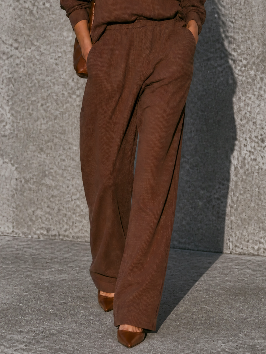 Women's Casual Brown Waffle Knit Cotton Blend Button-Front Wide-Leg Pants Set MDZ2924G1GMJ