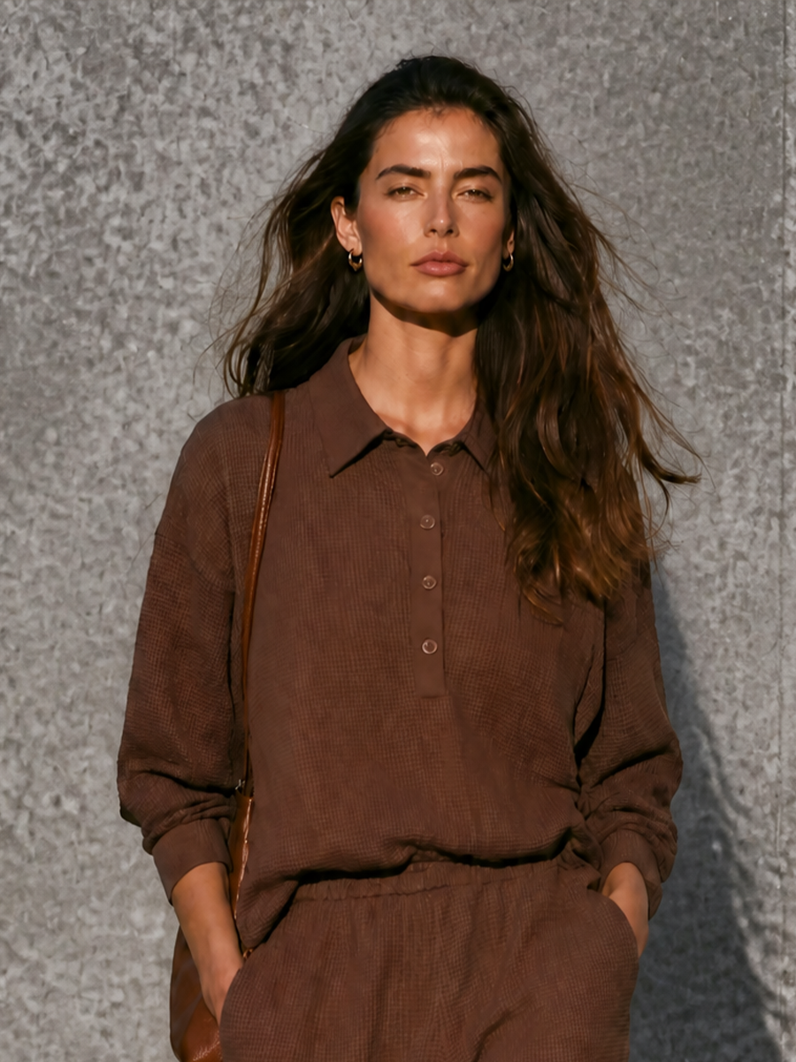 Women's Casual Brown Waffle Knit Cotton Blend Button-Front Wide-Leg Pants Set MDZ2924G1GMJ