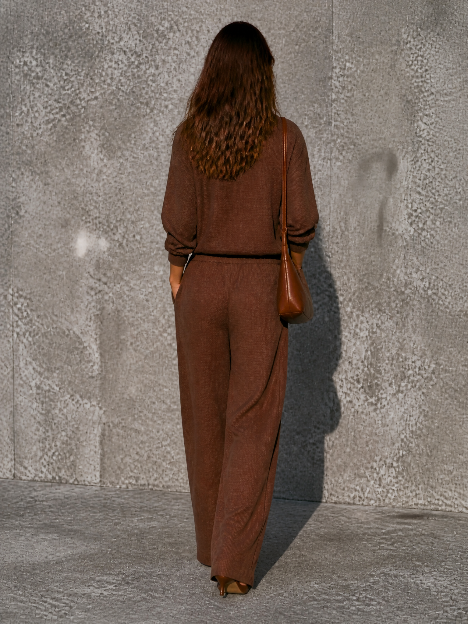 Women's Casual Brown Waffle Knit Cotton Blend Button-Front Wide-Leg Pants Set MDZ2924G1GMJ