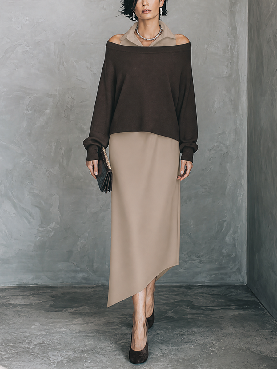 Women's Elegant Brown Khaki Matte Satin Sleeveless Dress Cotton Blend T-Shirt Set MDZ3018G3GMJ