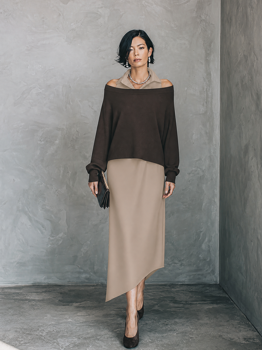 Women's Elegant Brown Khaki Matte Satin Sleeveless Dress Cotton Blend T-Shirt Set MDZ3018G3GMJ