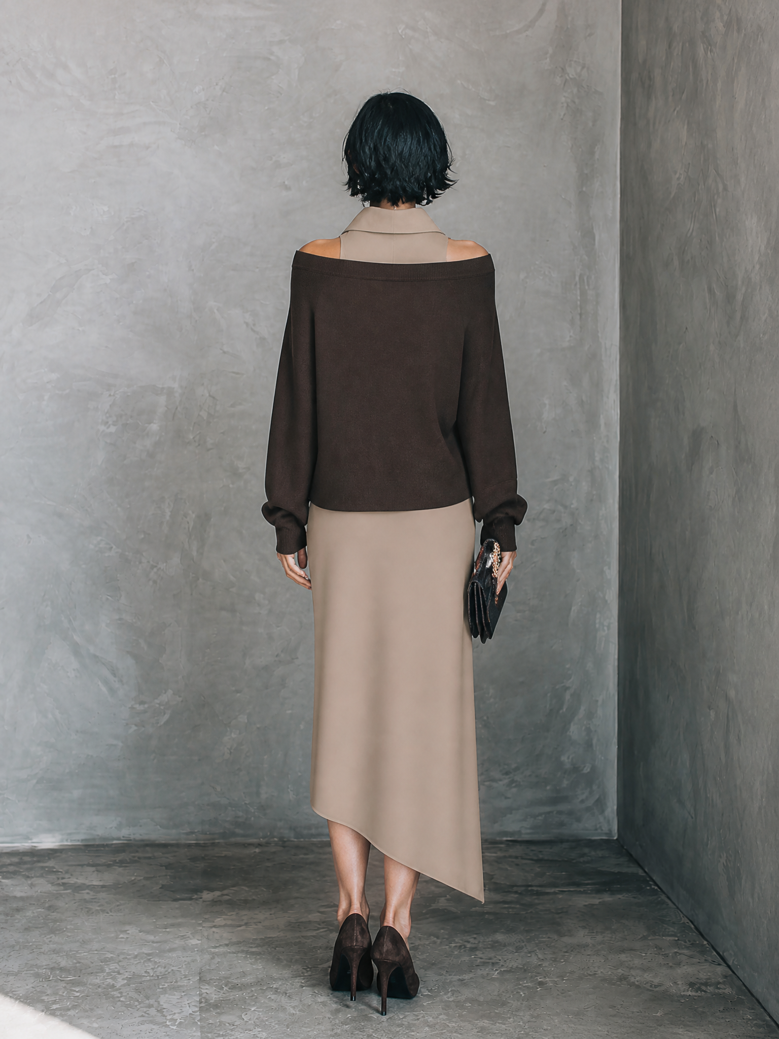 Women's Elegant Brown Khaki Matte Satin Sleeveless Dress Cotton Blend T-Shirt Set MDZ3018G3GMJ