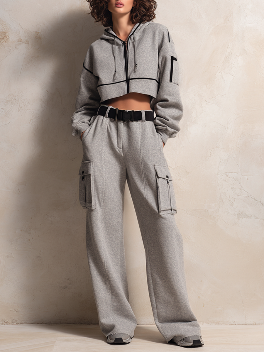Women's Casual Sporty Gray Black-Trim Hooded Zip-Up Dropped-Shoulder Long-Sleeve Cropped Hoodie & Cargo Wide-Leg Sweatpant Set MDZ3176G7CMX