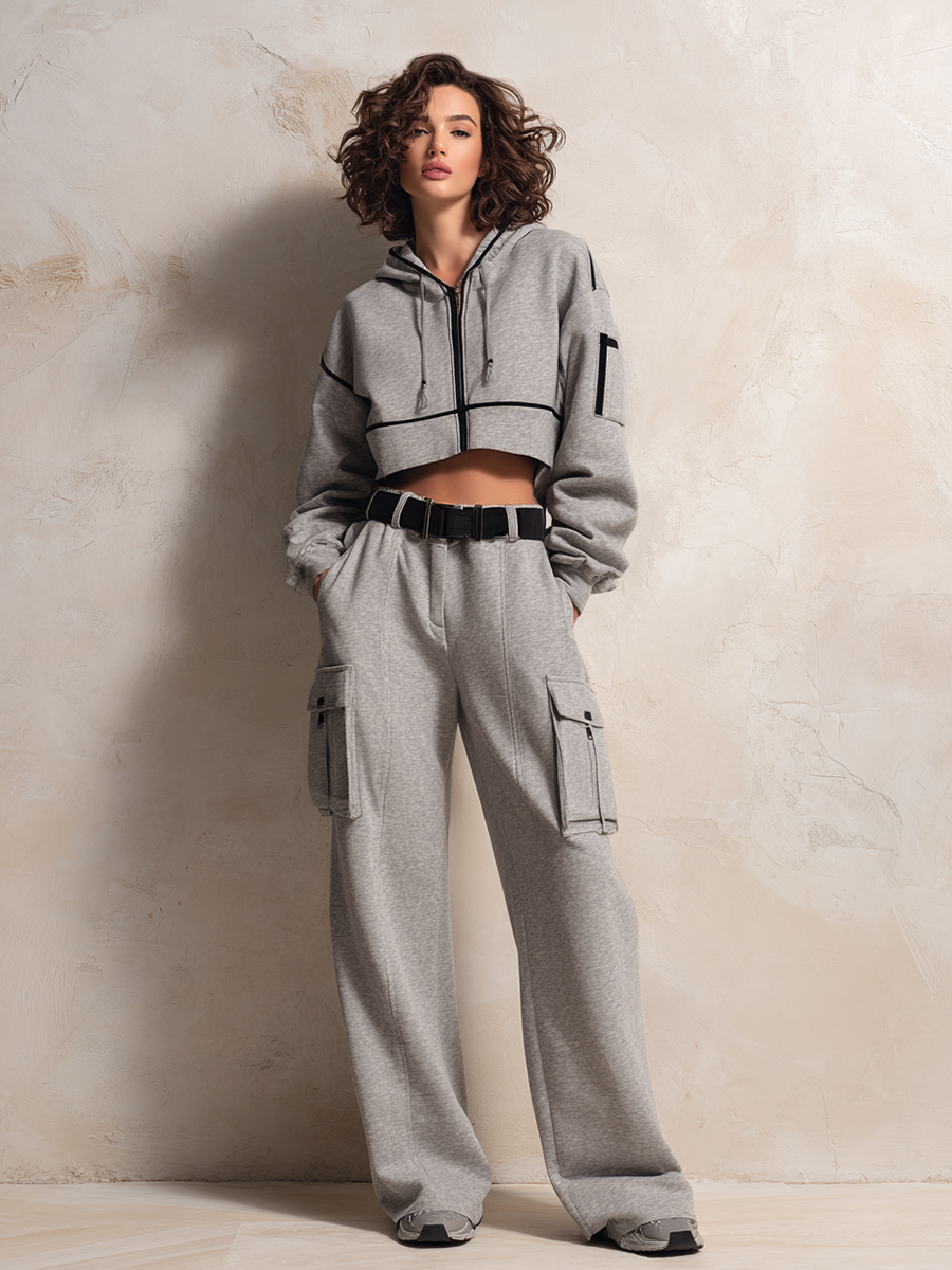 Women's Casual Sporty Gray Black-Trim Hooded Zip-Up Dropped-Shoulder Long-Sleeve Cropped Hoodie & Cargo Wide-Leg Sweatpant Set MDZ3176G7CMX