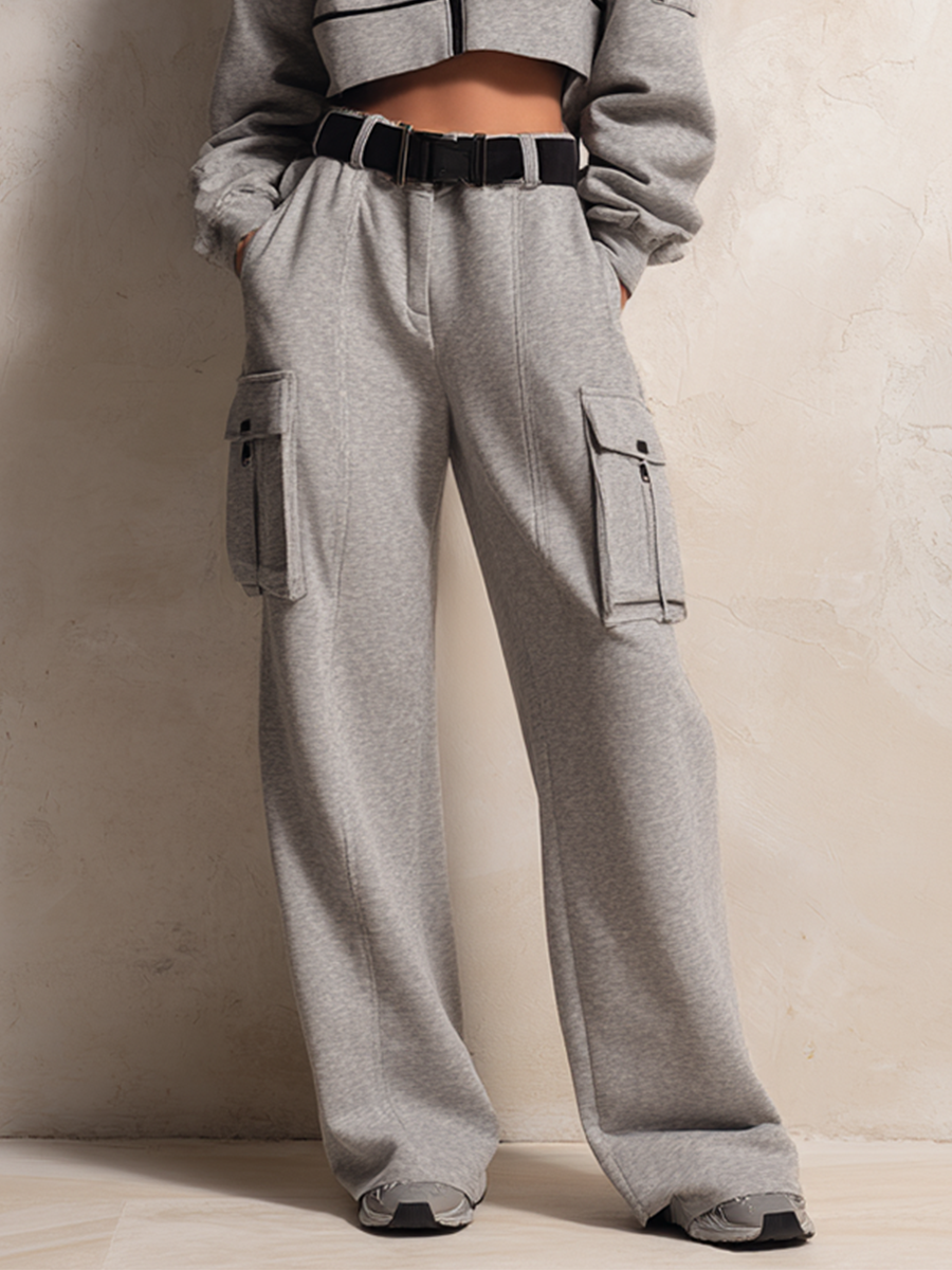 Women's Casual Sporty Gray Black-Trim Hooded Zip-Up Dropped-Shoulder Long-Sleeve Cropped Hoodie & Cargo Wide-Leg Sweatpant Set MDZ3176G7CMX