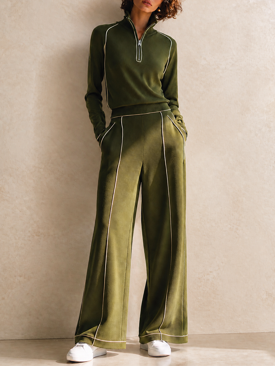 Women's Olive Green Cotton-Blend Knit Half-Zip Top & Wide-Leg Trouser Set MDZ3135G9CMX