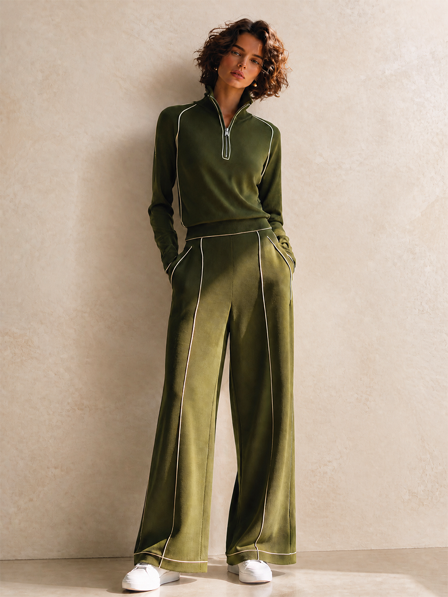 Women's Olive Green Cotton-Blend Knit Half-Zip Top & Wide-Leg Trouser Set MDZ3135G9CMX