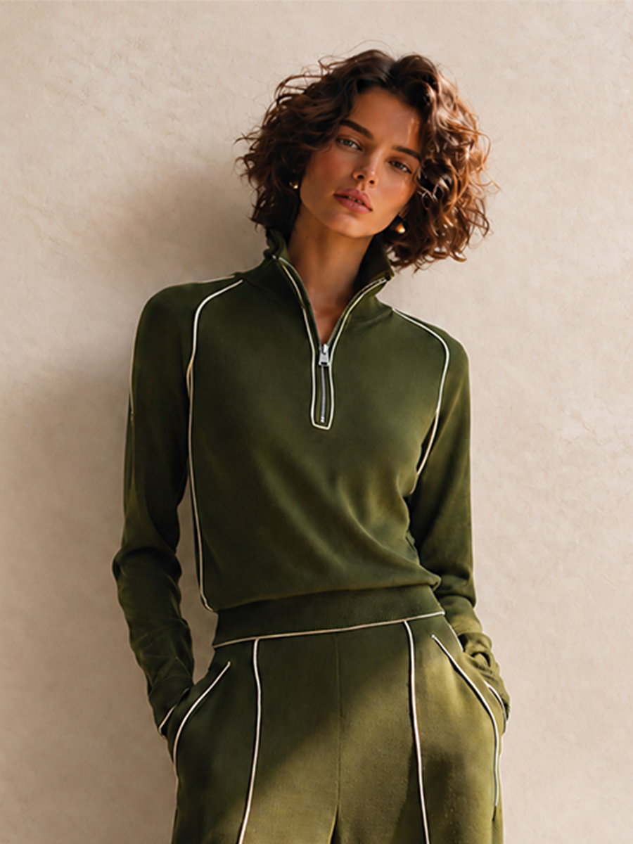 Women's Olive Green Cotton-Blend Knit Half-Zip Top & Wide-Leg Trouser Set MDZ3135G9CMX