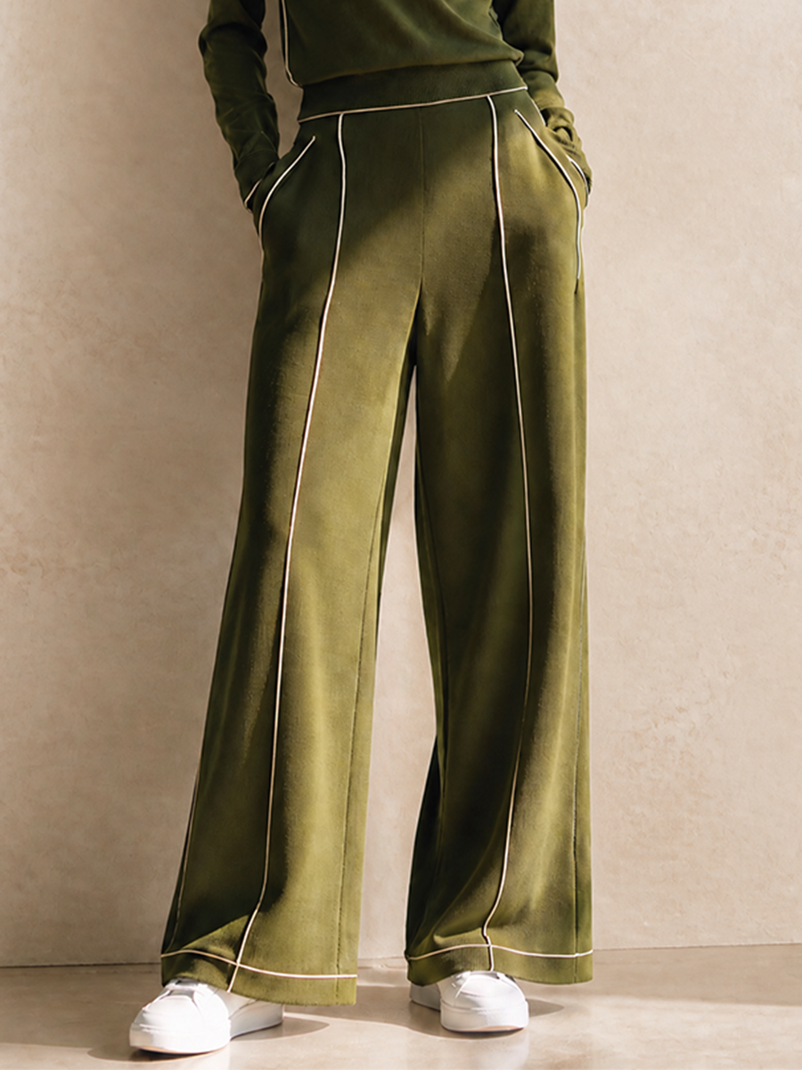 Women's Olive Green Cotton-Blend Knit Half-Zip Top & Wide-Leg Trouser Set MDZ3135G9CMX
