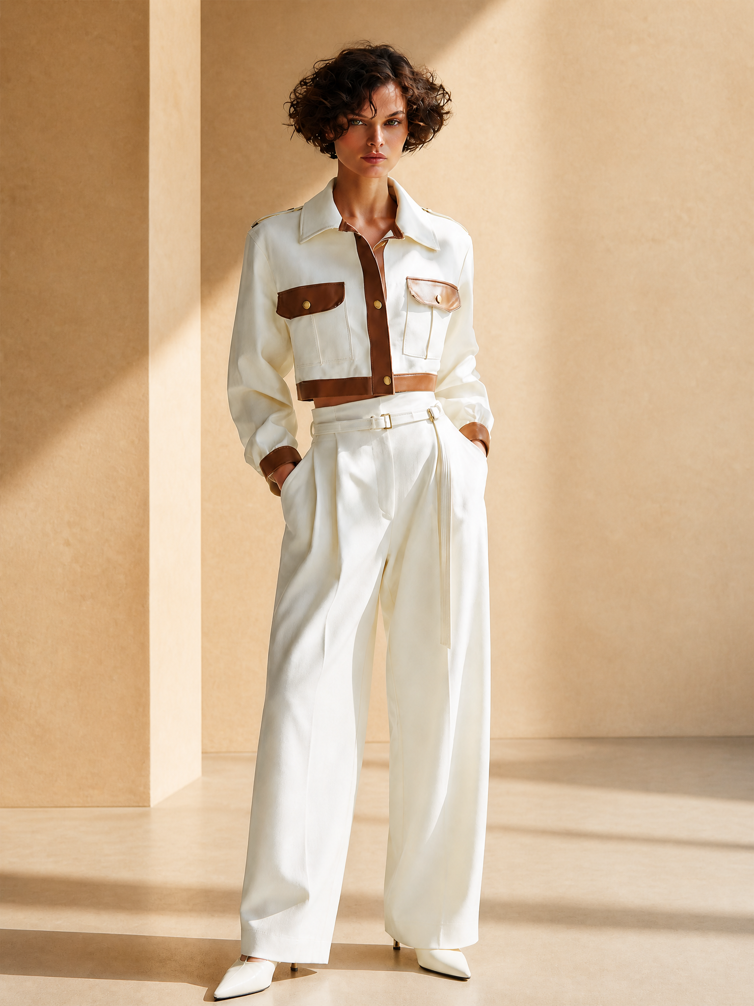 Women's Vintage Utility Off-white & Brown Contrast Cropped Jacket & Belted Wide-Leg Trouser Set MDZ3125G9CMX