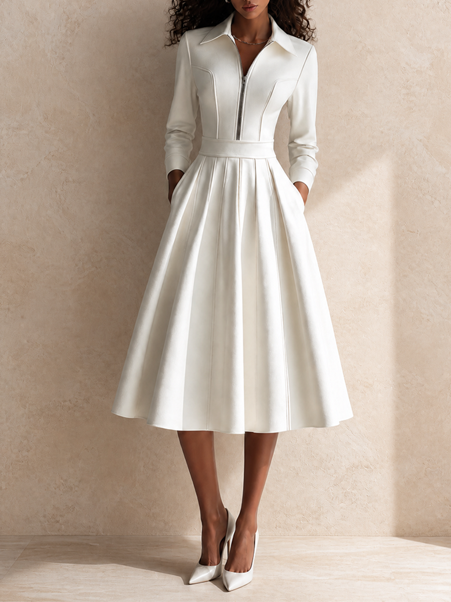 Women's White Cotton-Blend Collared Zip-Front Belted A-Line Midi Dress MDZ3147G8CMX