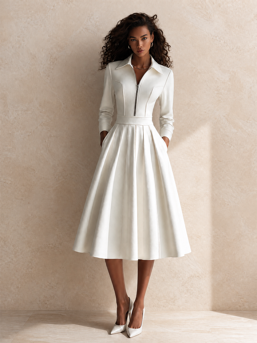 Women's White Cotton-Blend Collared Zip-Front Belted A-Line Midi Dress MDZ3147G8CMX