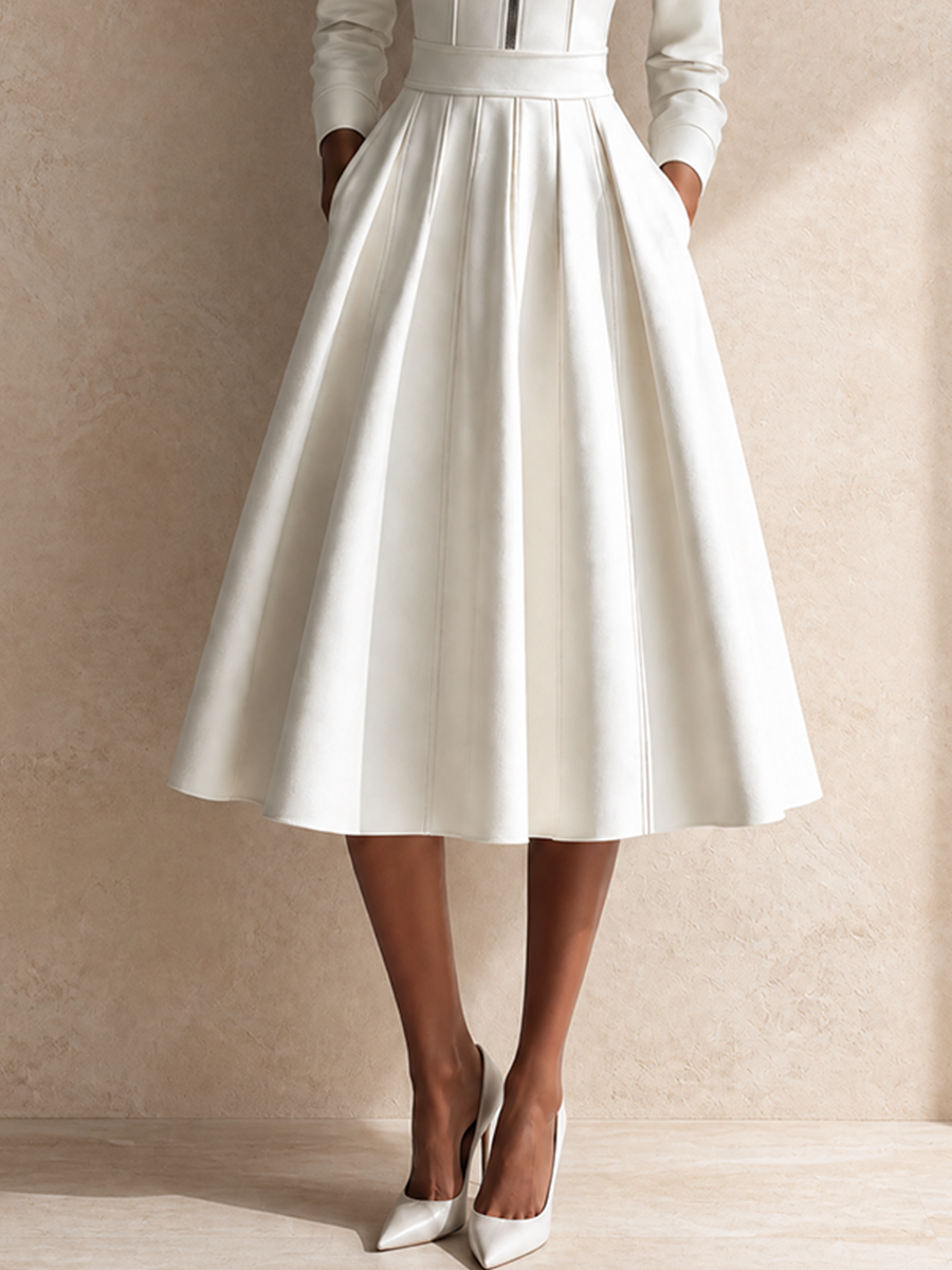Women's White Cotton-Blend Collared Zip-Front Belted A-Line Midi Dress MDZ3147G8CMX