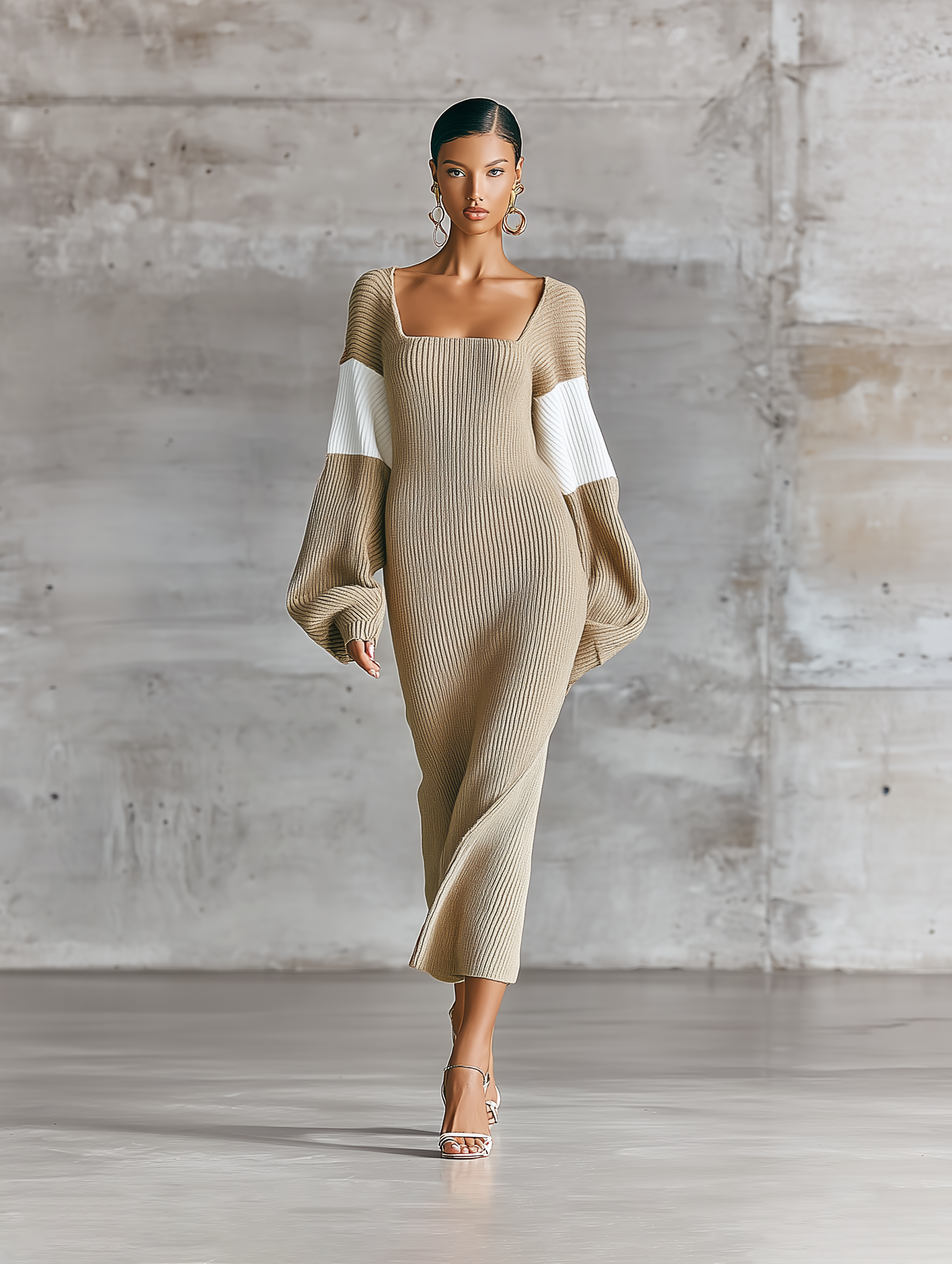 Women'S Khaki Ribbed Square Neck Color Block Balloon Long Sleeve Bodycon Midi Knit Dress MDZ3192G2YZJ