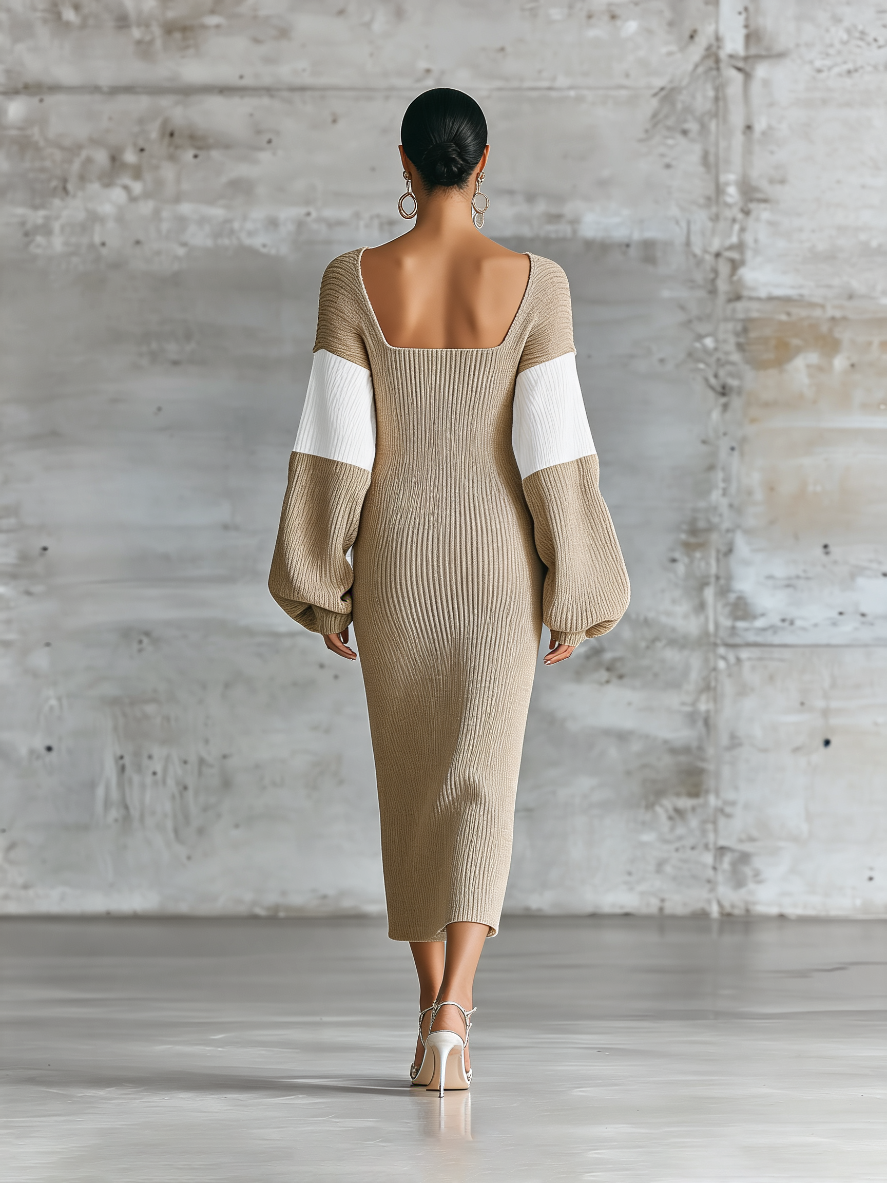 Women'S Khaki Ribbed Square Neck Color Block Balloon Long Sleeve Bodycon Midi Knit Dress MDZ3192G2YZJ