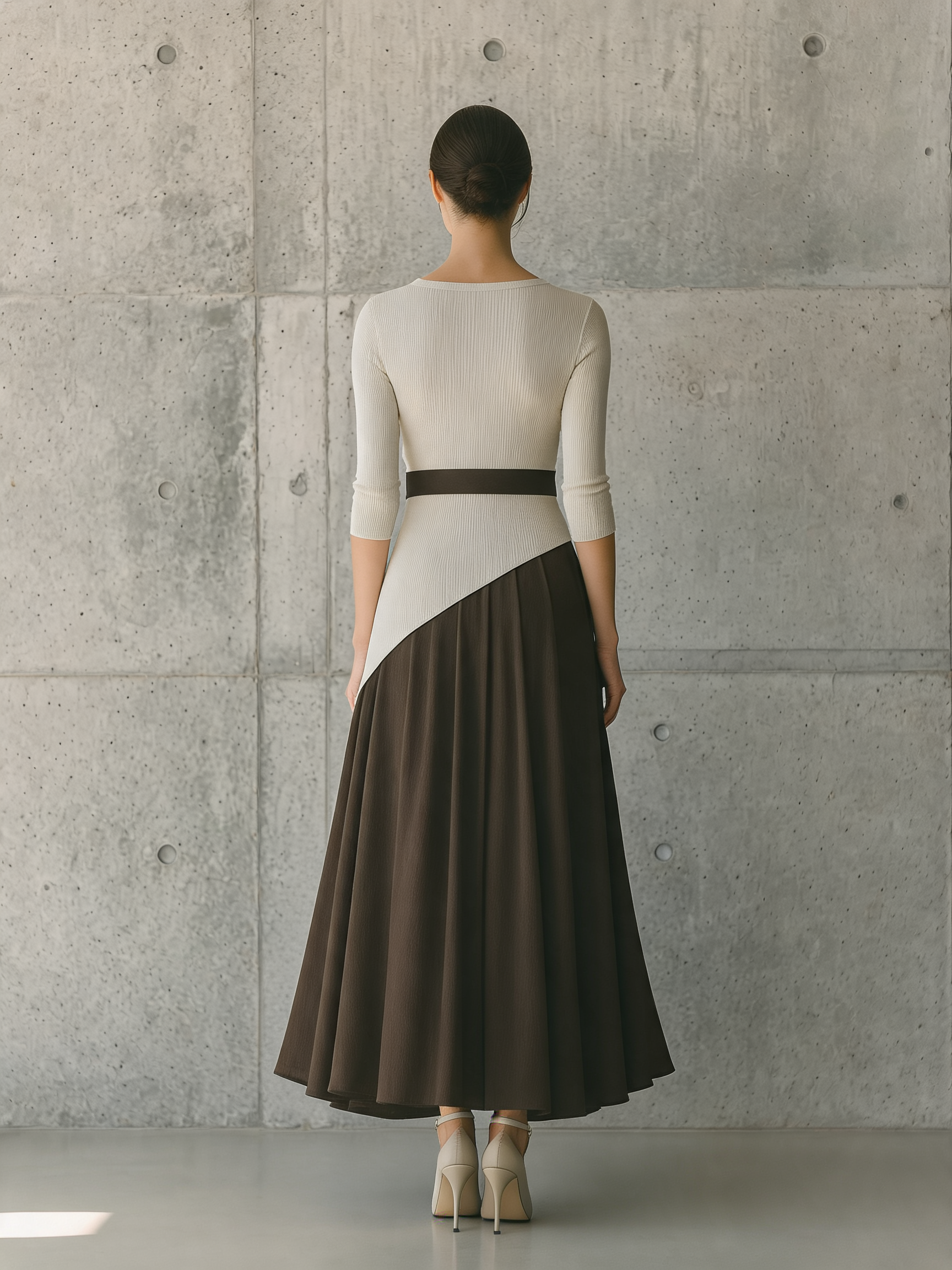 Women's Off-White Rib Knit Panel Brown Tencel Blend Dress MDZ3120G7YZJ