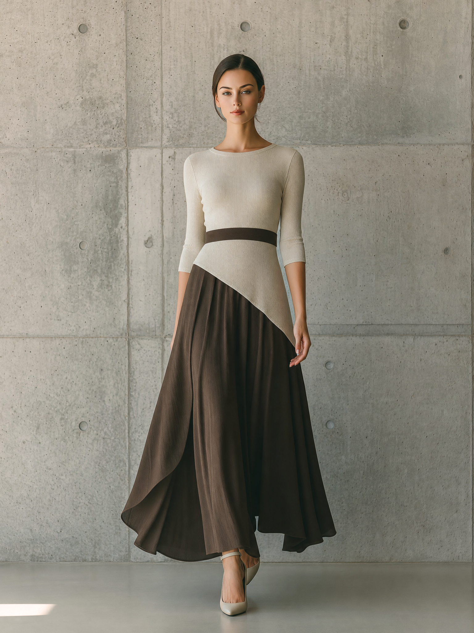 Women's Off-White Rib Knit Panel Brown Tencel Blend Dress MDZ3120G7YZJ