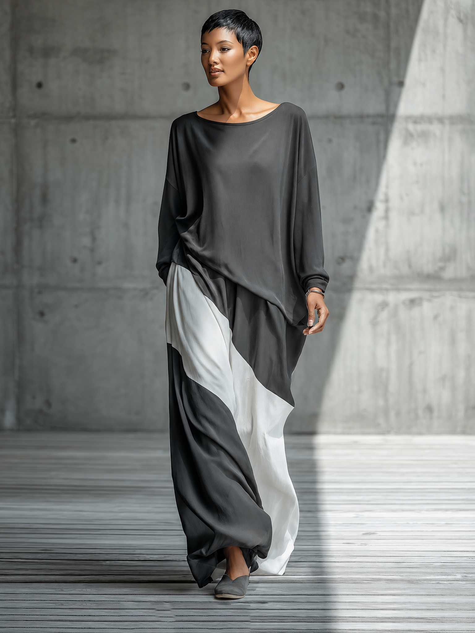 Women'S Dark Gray Oversized Boat Neck Long Sleeve Blouse & Diagonal Color Block Skirt Two-Piece Set MDZ3187G4YZJ