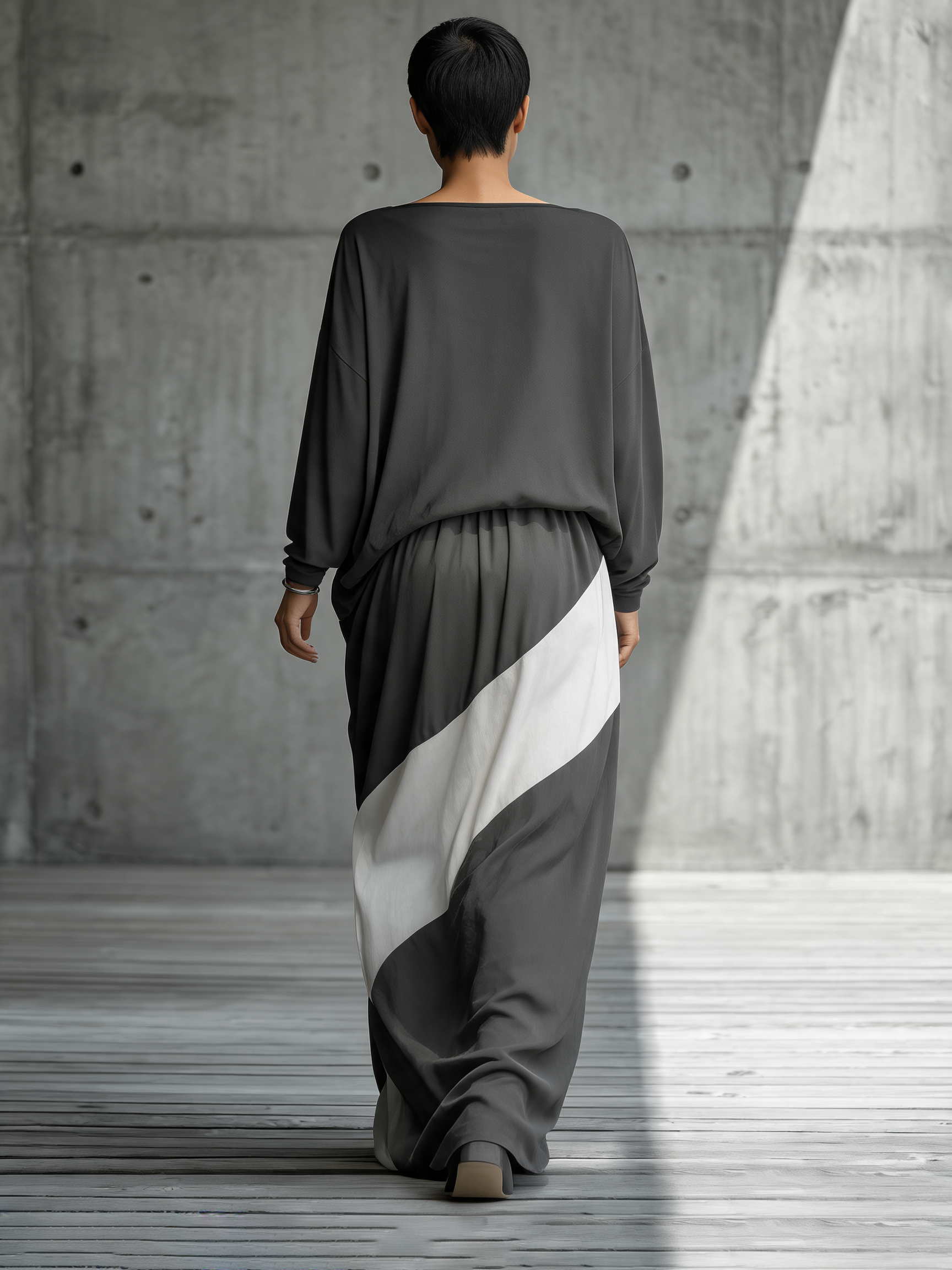 Women'S Dark Gray Oversized Boat Neck Long Sleeve Blouse & Diagonal Color Block Skirt Two-Piece Set MDZ3187G4YZJ