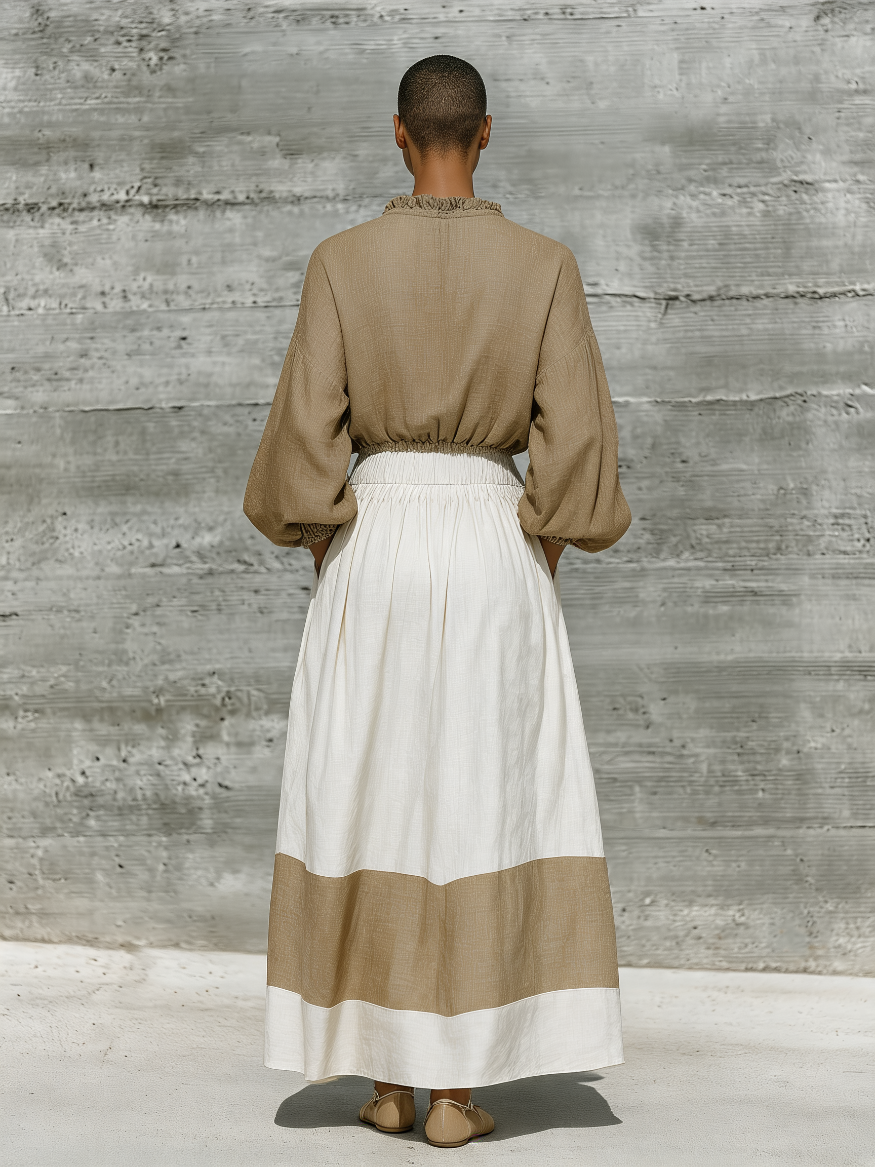 Women'S Khaki Cotton-linen blend Ruffle Tie Neck Puff Sleeve Crop Blouse & Color Block Elastic Waist Skirt Two-Piece Set MDZ3179G3YZJ