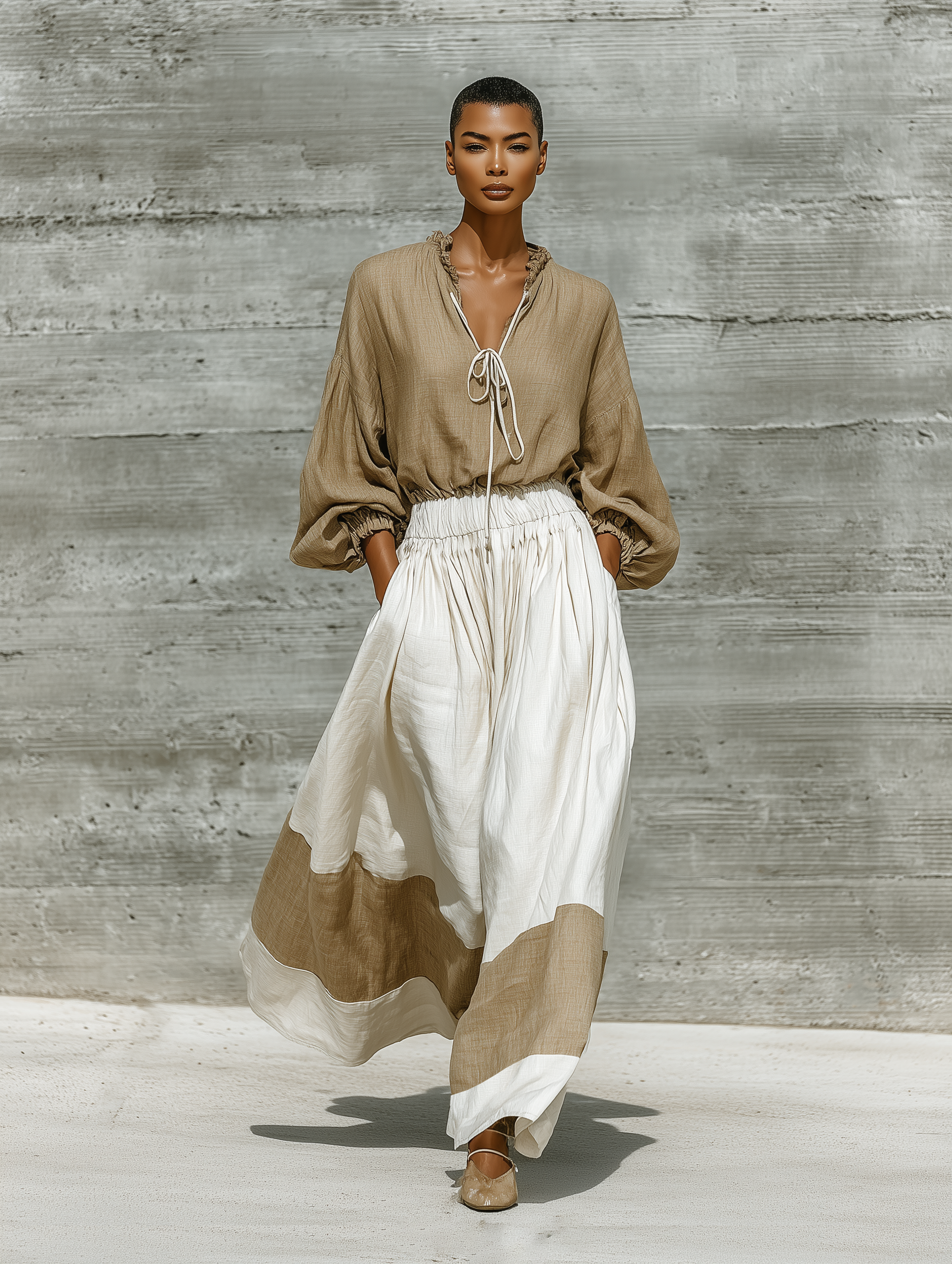 Women'S Khaki Cotton-linen blend Ruffle Tie Neck Puff Sleeve Crop Blouse & Color Block Elastic Waist Skirt Two-Piece Set MDZ3179G3YZJ