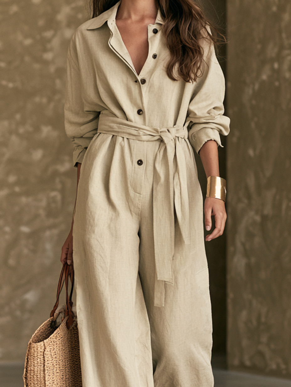 Women's Casual Khaki Cotton-Linen Long-Sleeve Jumpsuit MDZ3196G1LXY