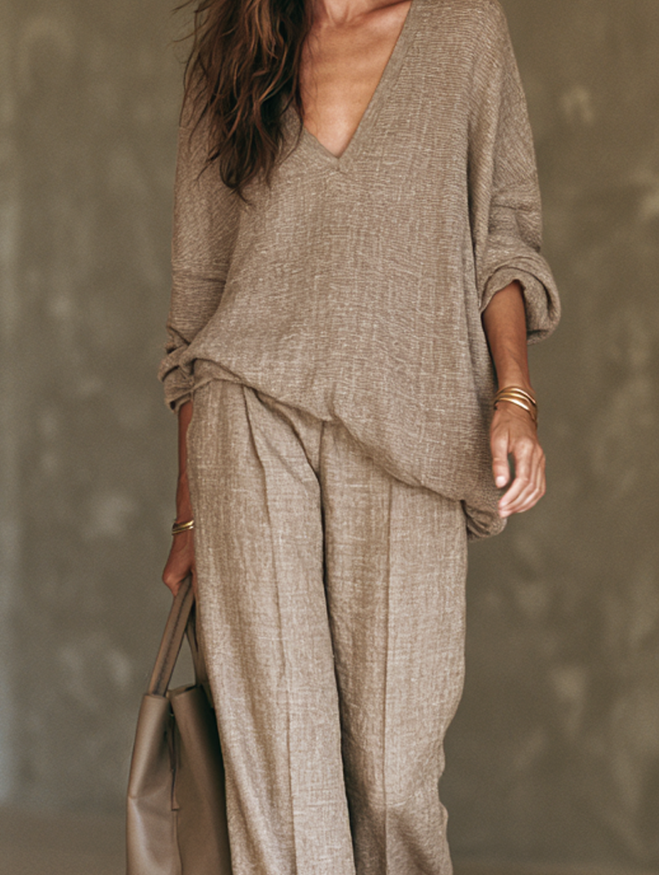Women's Casual Brown Woven Long-sleeve Top And Trousers Set MDZ3146G7LXY