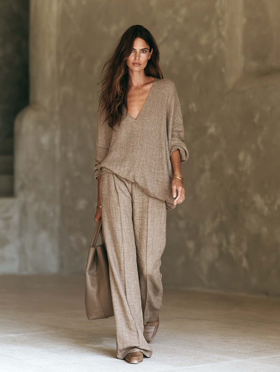 Women's Casual Brown Woven Long-sleeve Top And Trousers Set MDZ3146G7LXY