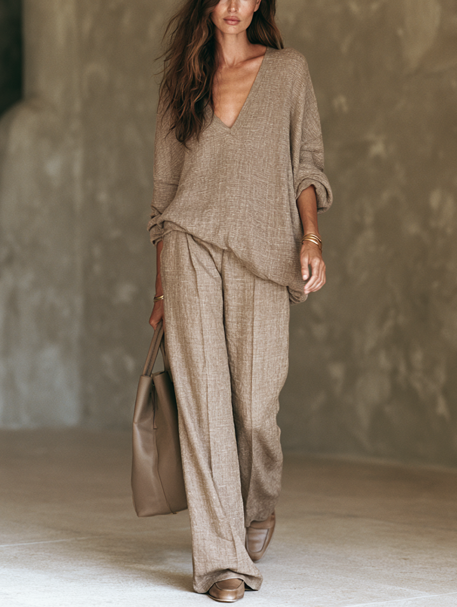 Women's Casual Brown Woven Long-sleeve Top And Trousers Set MDZ3146G7LXY