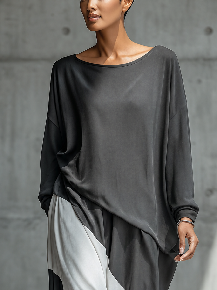Women'S Dark Gray Oversized Boat Neck Long Sleeve Blouse & Diagonal Color Block Skirt Two-Piece Set MDZ3187G4YZJ