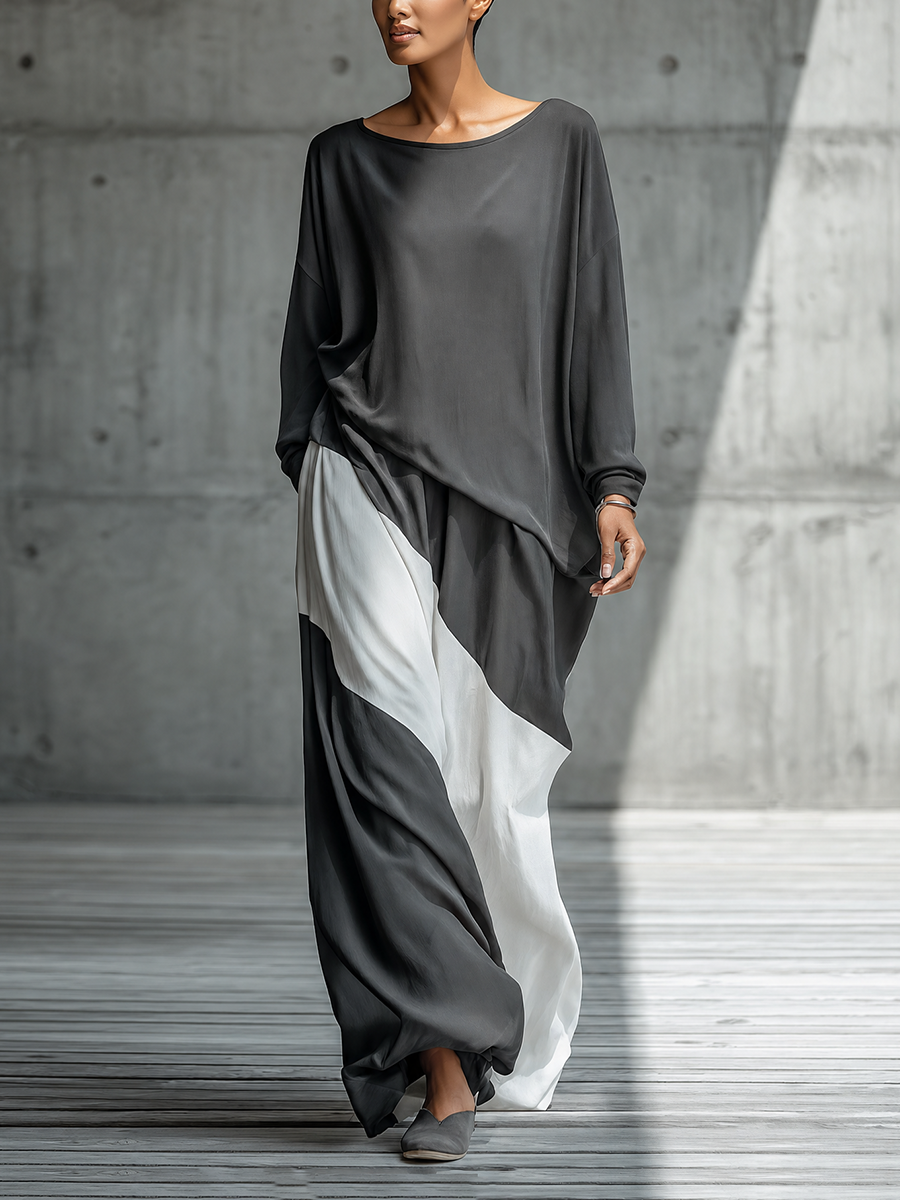 Women'S Dark Gray Oversized Boat Neck Long Sleeve Blouse & Diagonal Color Block Skirt Two-Piece Set MDZ3187G4YZJ