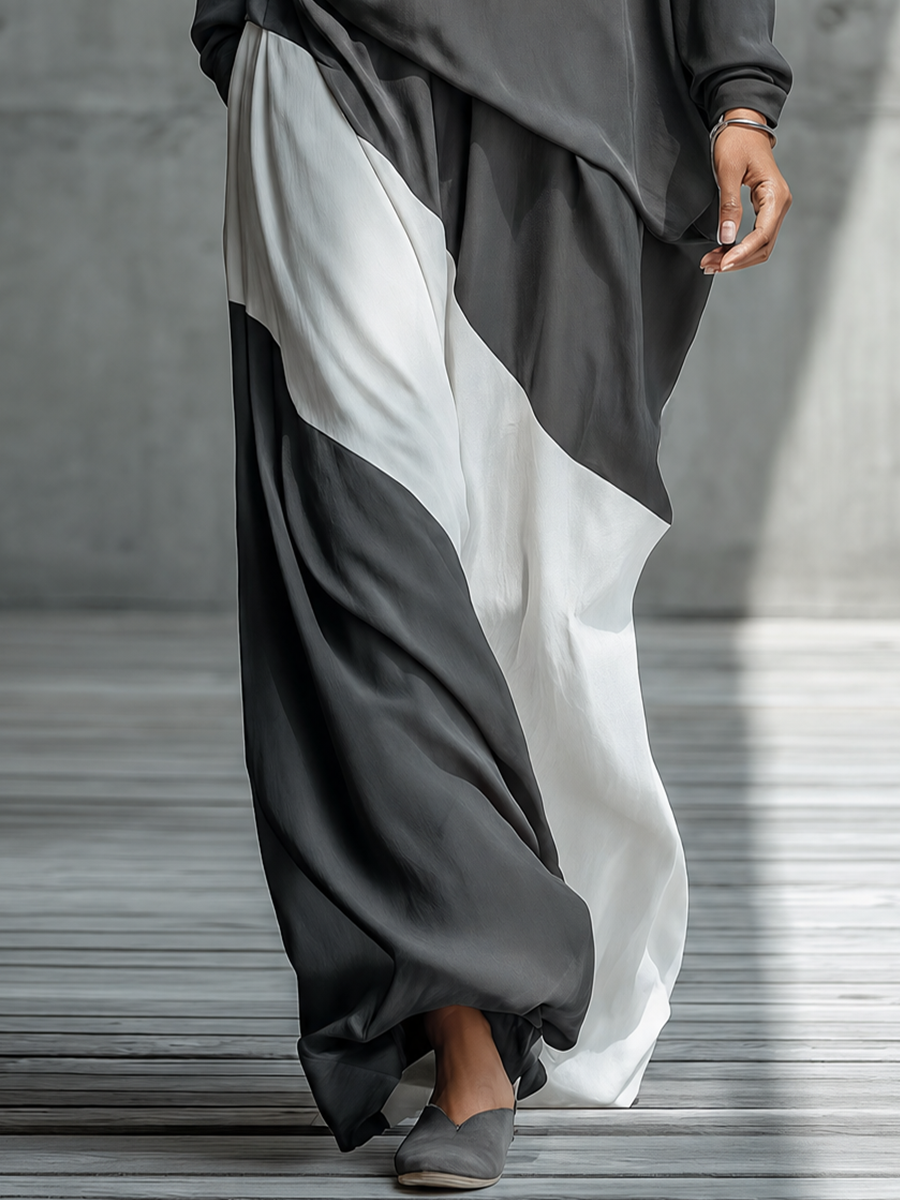 Women'S Dark Gray Oversized Boat Neck Long Sleeve Blouse & Diagonal Color Block Skirt Two-Piece Set MDZ3187G4YZJ