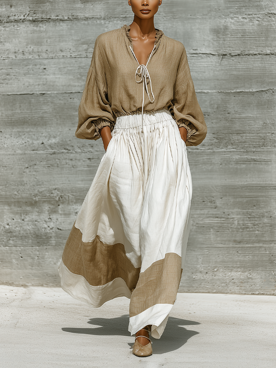 Women'S Khaki Cotton-linen blend Ruffle Tie Neck Puff Sleeve Crop Blouse & Color Block Elastic Waist Skirt Two-Piece Set MDZ3179G3YZJ