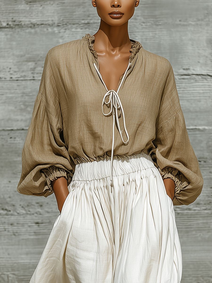 Women'S Khaki Cotton-linen blend Ruffle Tie Neck Puff Sleeve Crop Blouse & Color Block Elastic Waist Skirt Two-Piece Set MDZ3179G3YZJ