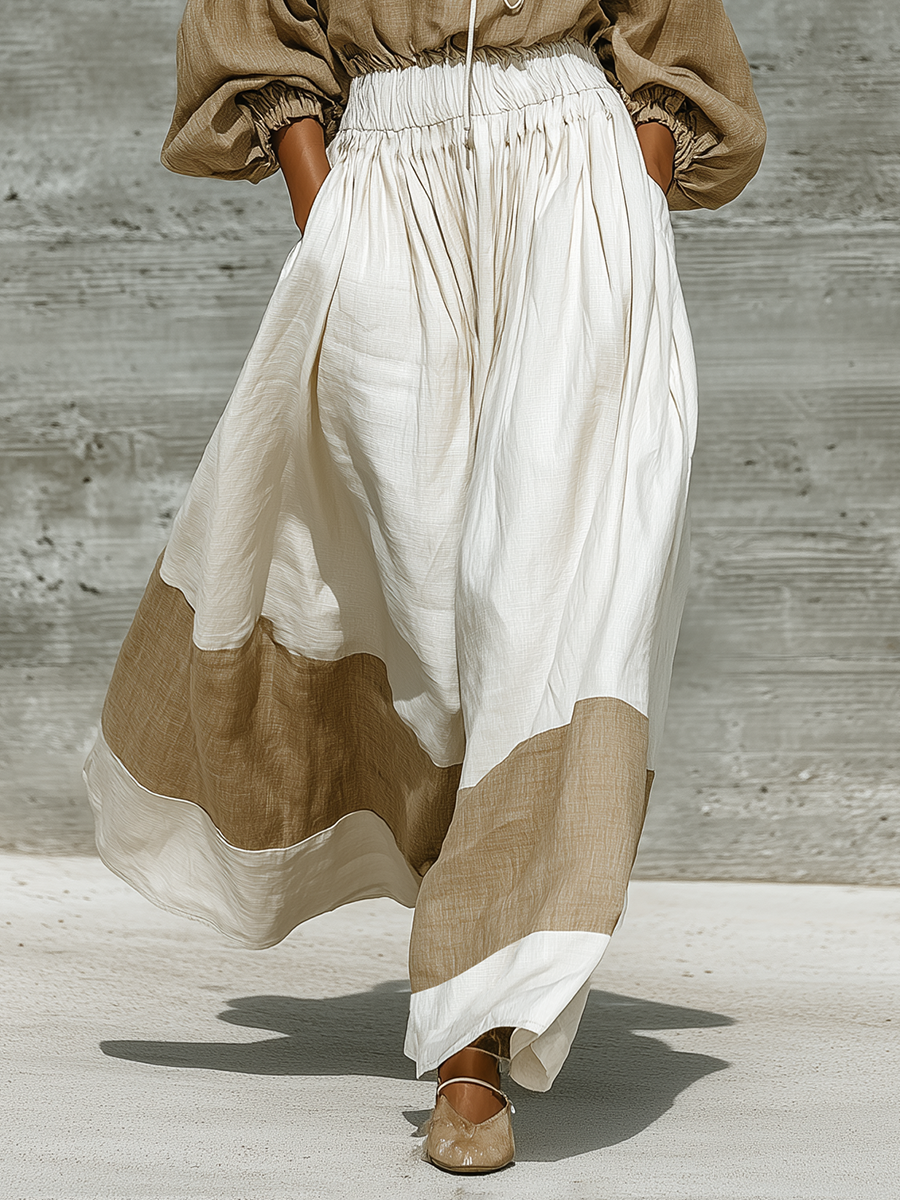 Women'S Khaki Cotton-linen blend Ruffle Tie Neck Puff Sleeve Crop Blouse & Color Block Elastic Waist Skirt Two-Piece Set MDZ3179G3YZJ