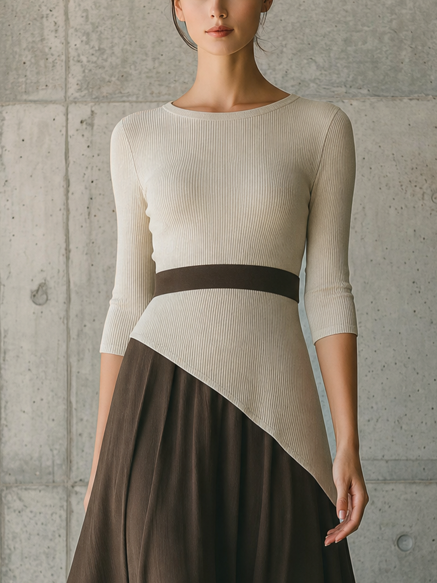 Women's Off-White Rib Knit Panel Brown Tencel Blend Dress MDZ3120G7YZJ