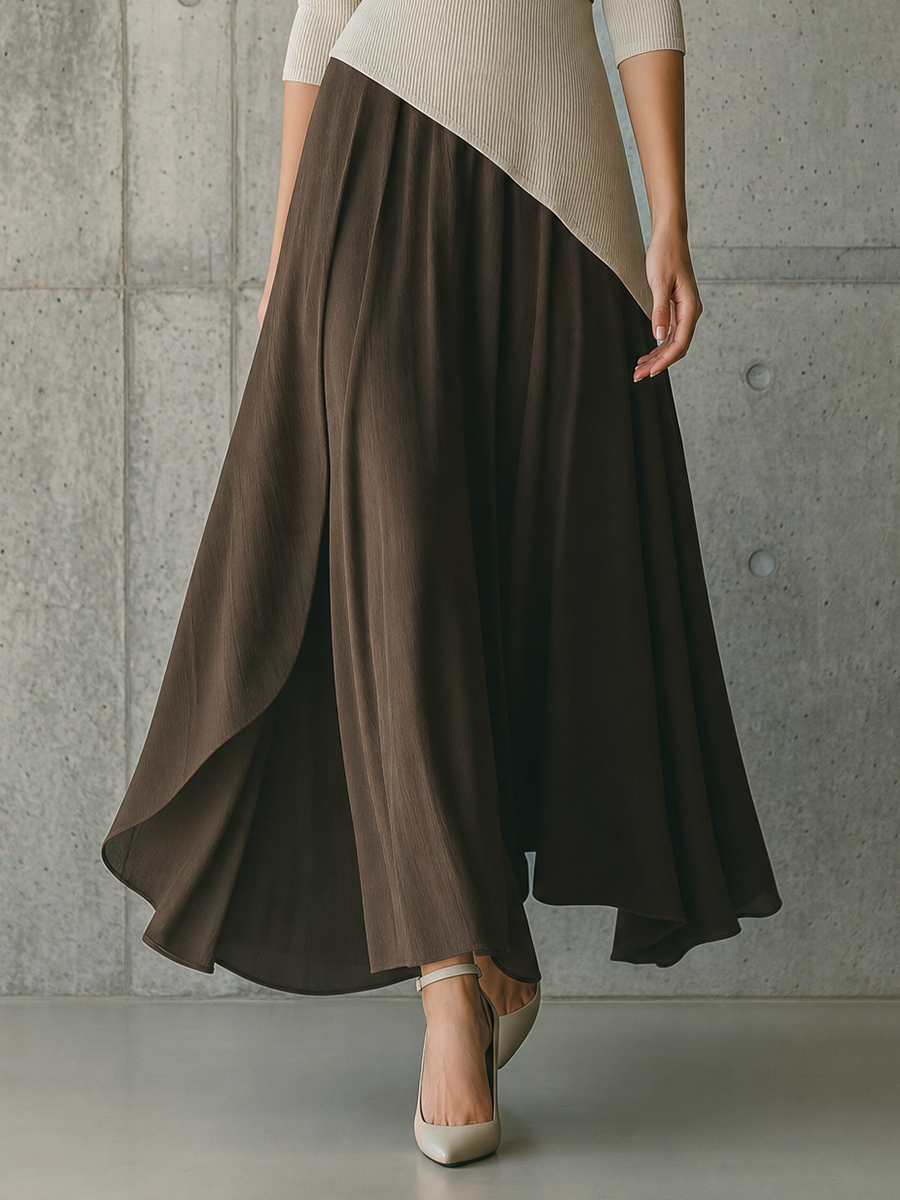 Women's Off-White Rib Knit Panel Brown Tencel Blend Dress MDZ3120G7YZJ