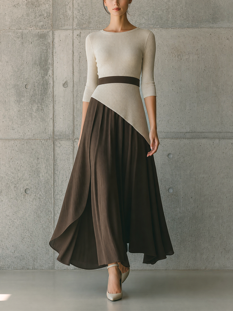 Women's Off-White Rib Knit Panel Brown Tencel Blend Dress MDZ3120G7YZJ
