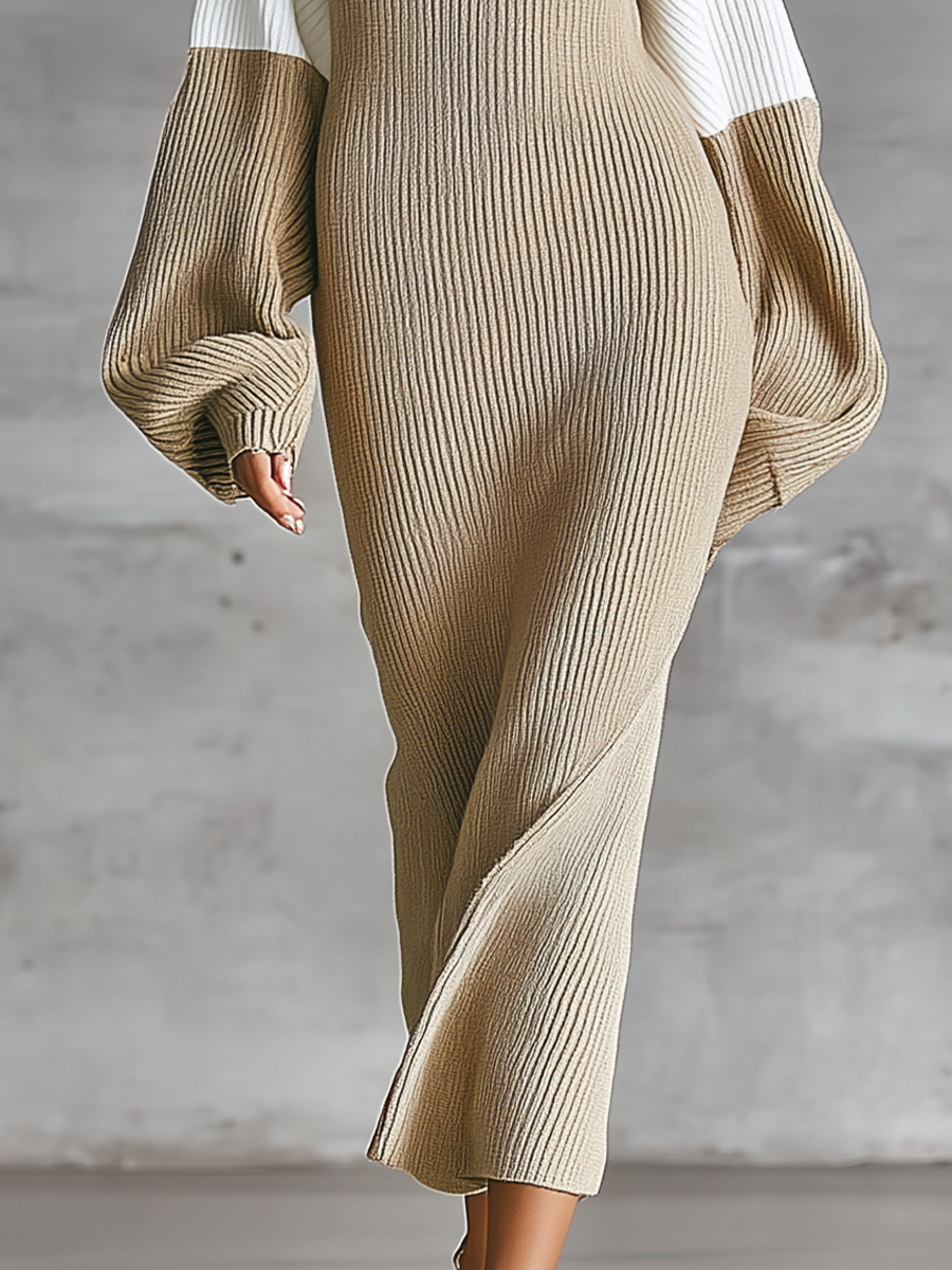 Women'S Khaki Ribbed Square Neck Color Block Balloon Long Sleeve Bodycon Midi Knit Dress MDZ3192G2YZJ