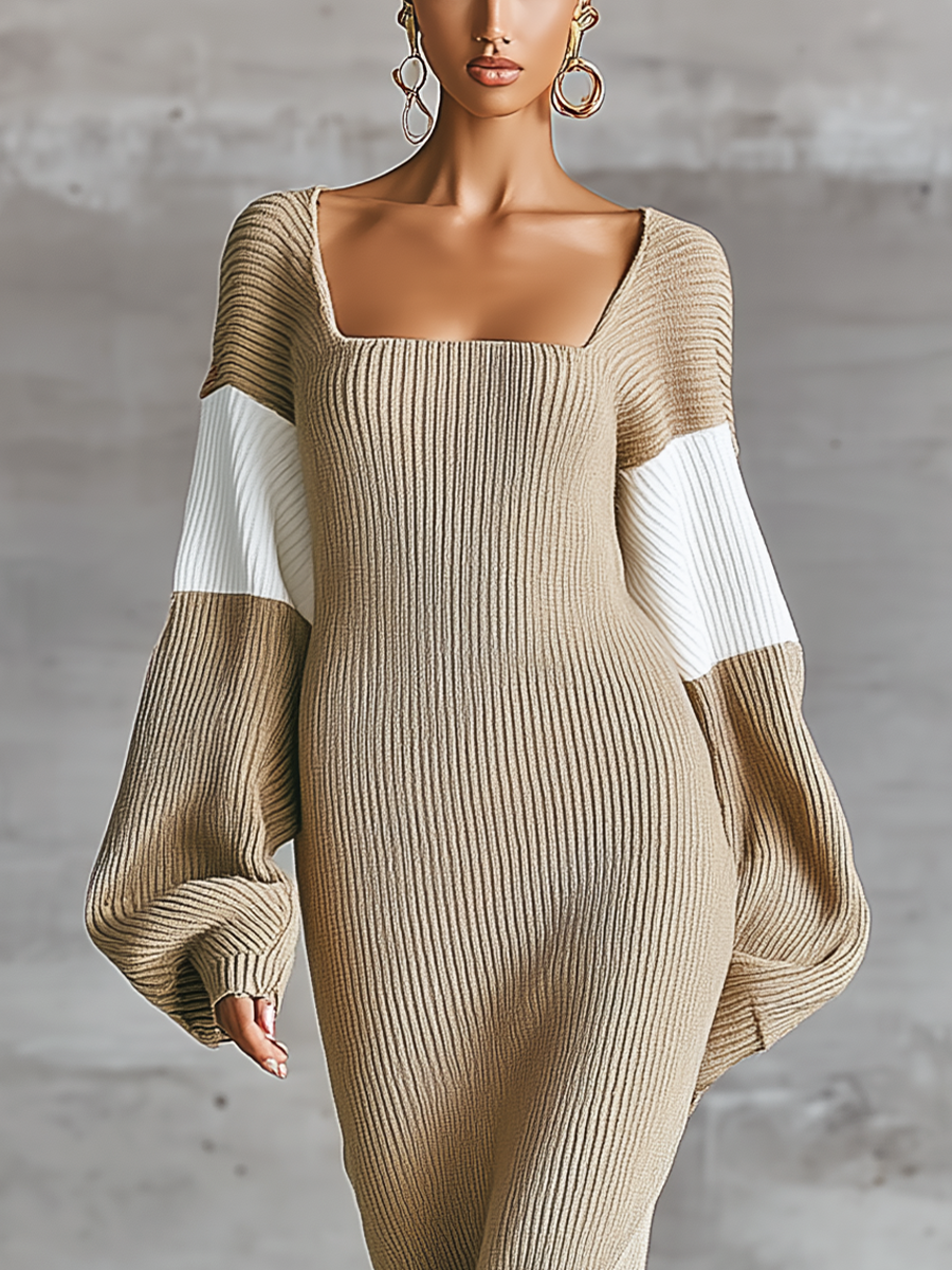 Women'S Khaki Ribbed Square Neck Color Block Balloon Long Sleeve Bodycon Midi Knit Dress MDZ3192G2YZJ