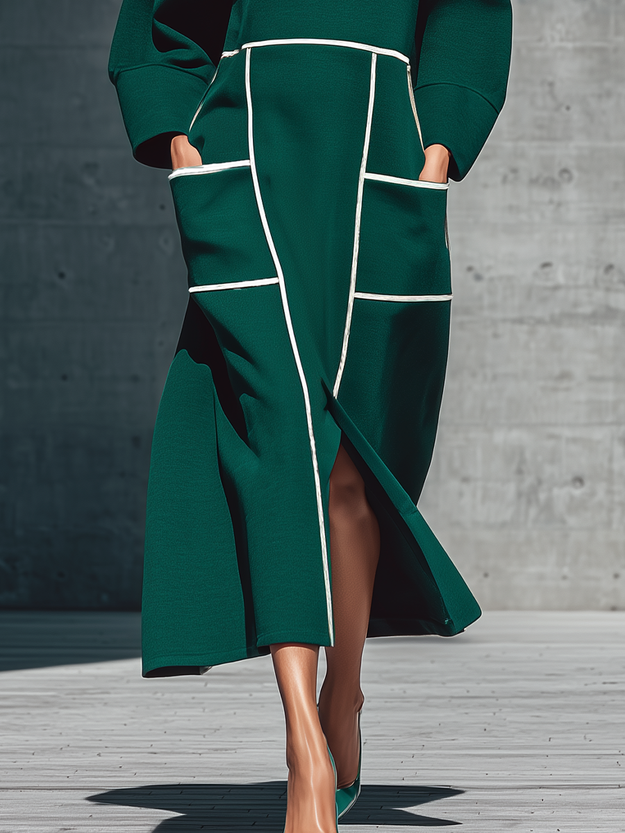 Women'S Dark Green Loose Half Turtleneck White Piping Geometric Patch Pocket Front Slit Midi Sweatshirt Dress MDZ3006G1YZJ