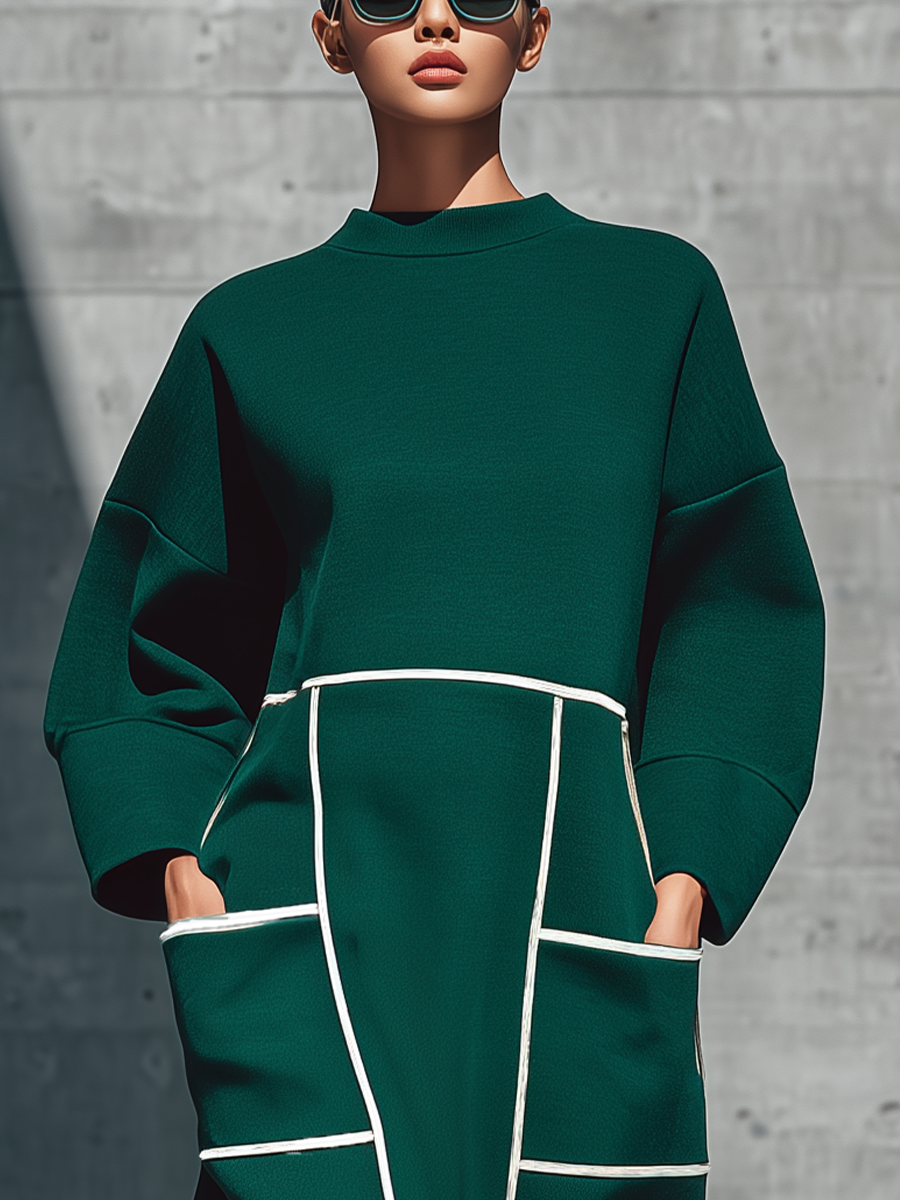 Women'S Dark Green Loose Half Turtleneck White Piping Geometric Patch Pocket Front Slit Midi Sweatshirt Dress MDZ3006G1YZJ