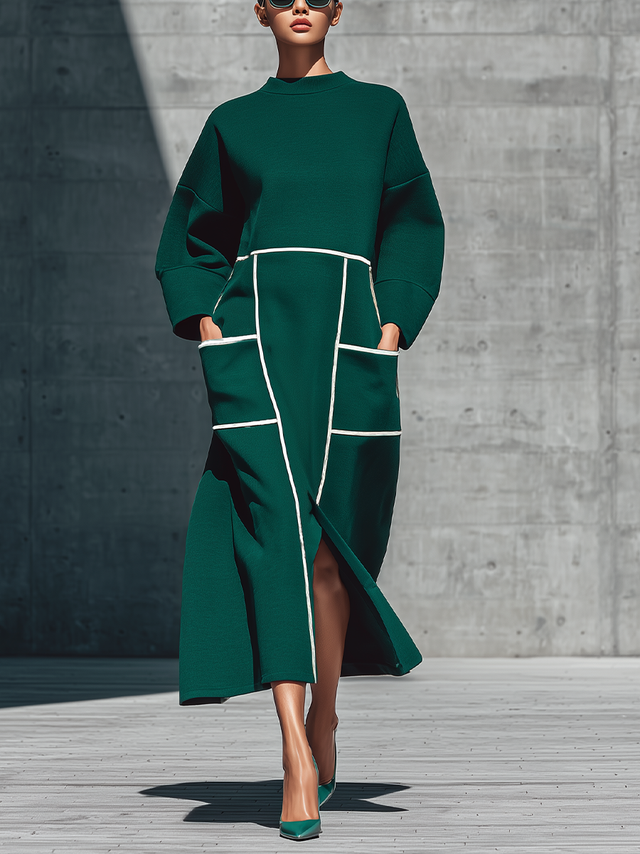 Women'S Dark Green Loose Half Turtleneck White Piping Geometric Patch Pocket Front Slit Midi Sweatshirt Dress MDZ3006G1YZJ