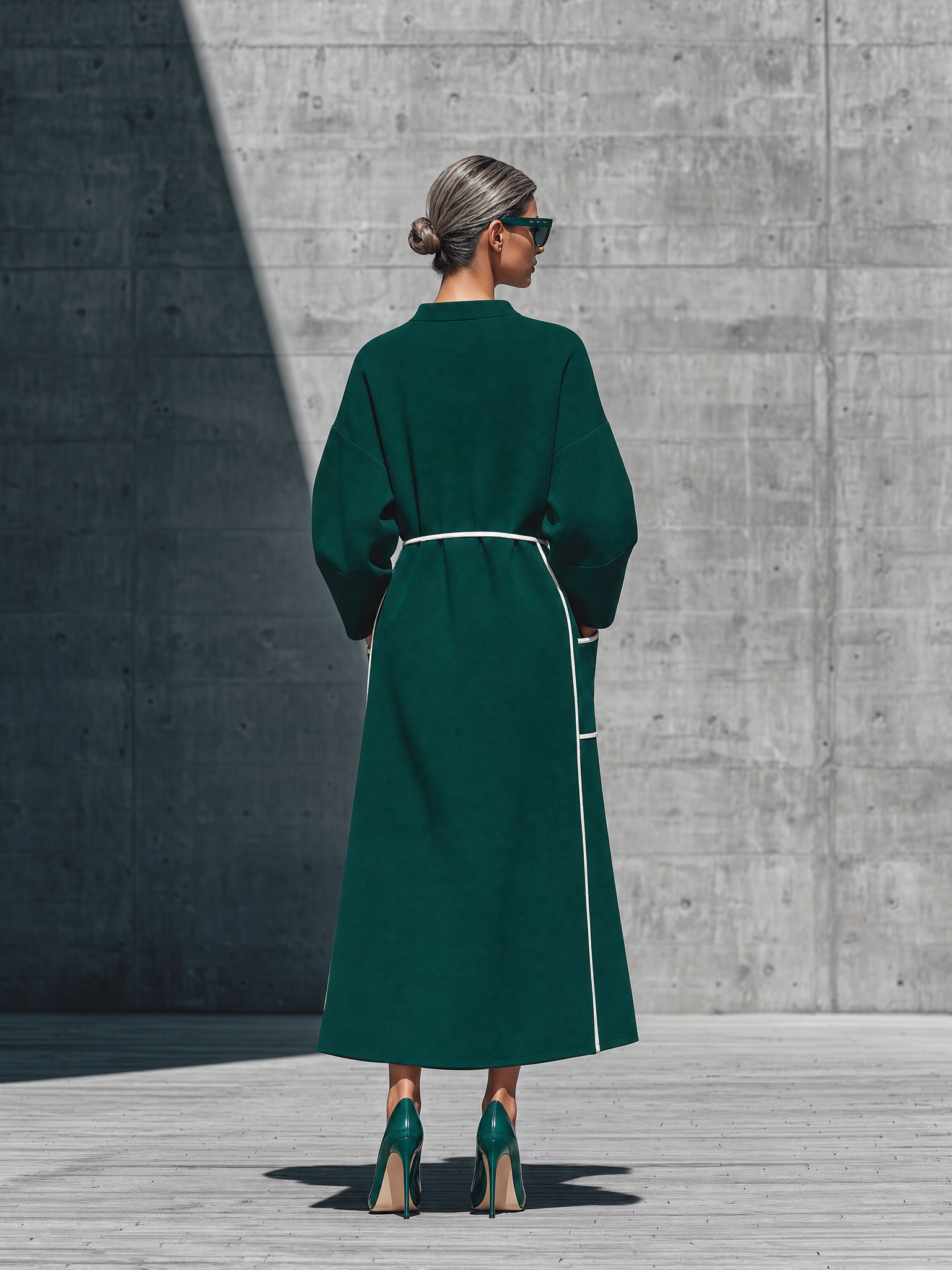 Women'S Dark Green Loose Half Turtleneck White Piping Geometric Patch Pocket Front Slit Midi Sweatshirt Dress MDZ3006G1YZJ