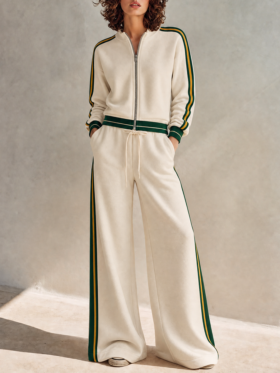 Women's Collegiate Sporty Off-white Sweatshirt-Fabric Contrast-Stripe Zip Jacket & Wide-Leg Trouser Set MDZ0324H3CMX
